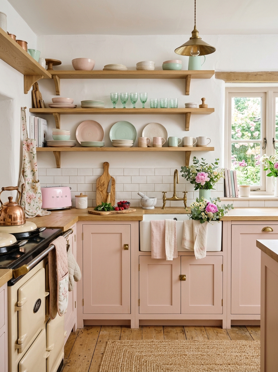 Rustic Kitchen with Open Shelves and Soft Pastel Palette