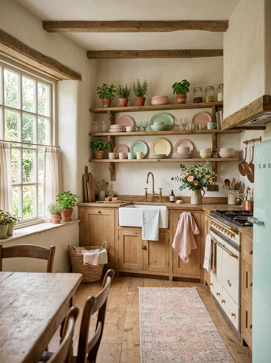 Rustic Kitchen with Open Shelves and Soft Pastel Palette