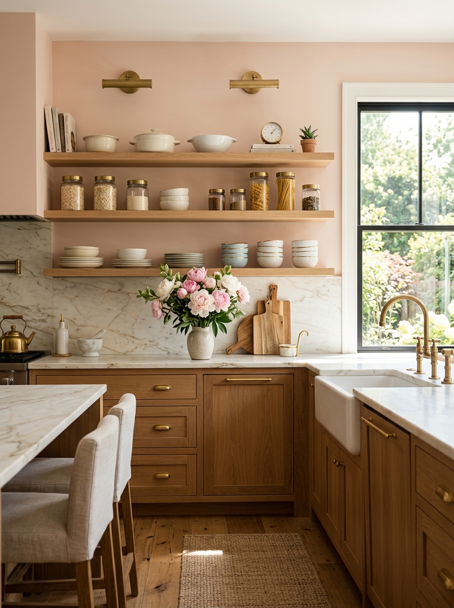 Soft Blush Rustic Kitchen with Open Wooden Shelves