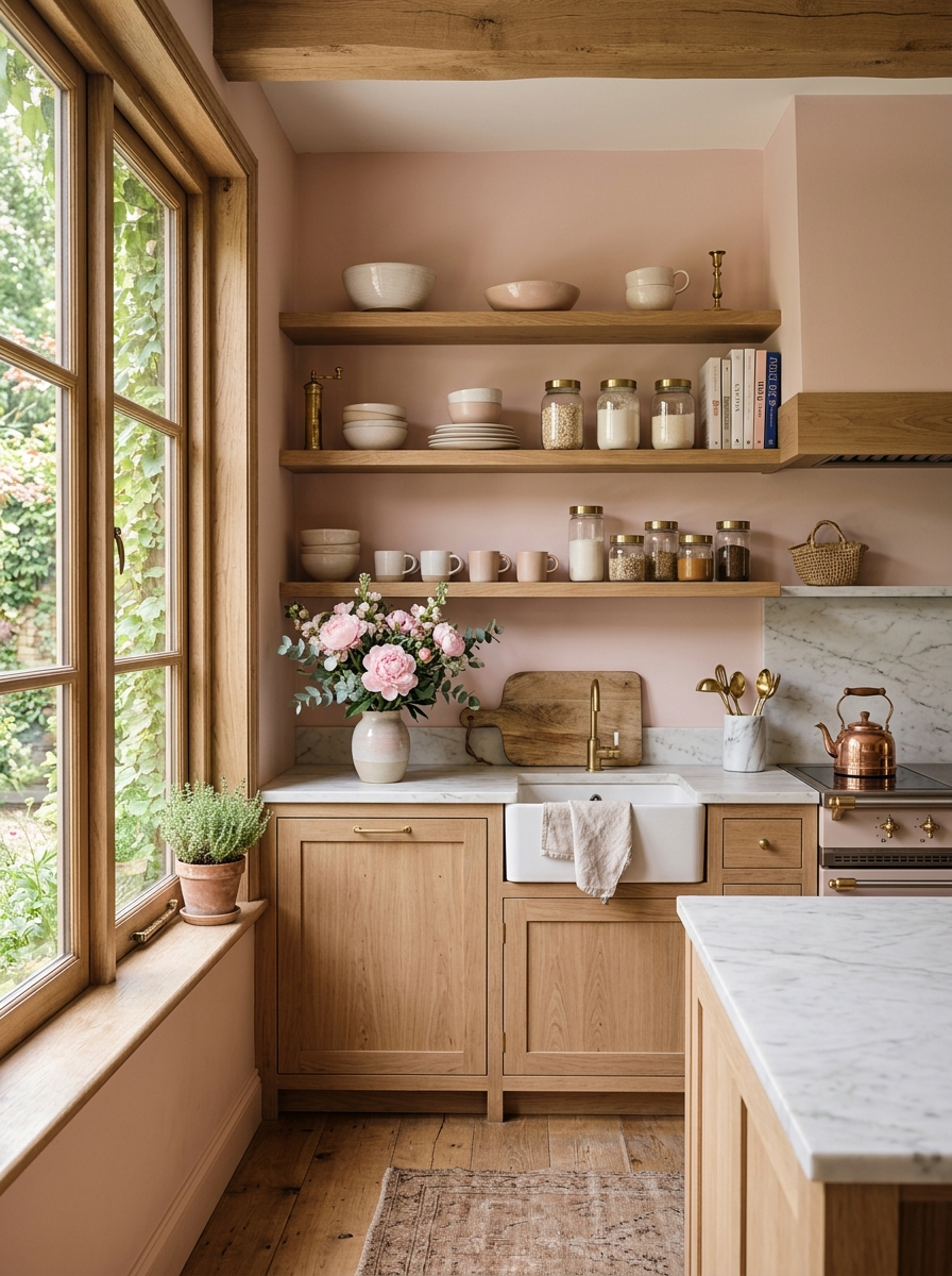 Soft Blush Rustic Kitchen with Open Wooden Shelves