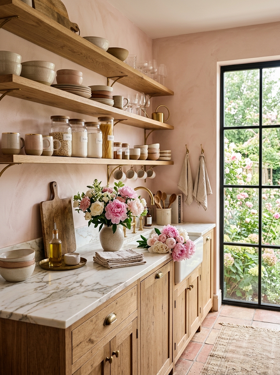 Soft Blush Rustic Kitchen with Open Wooden Shelves