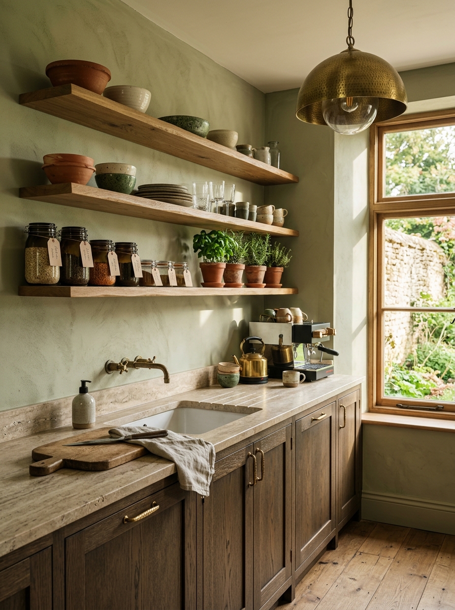 Sage Green Rustic Kitchen with Open Shelf Elegance