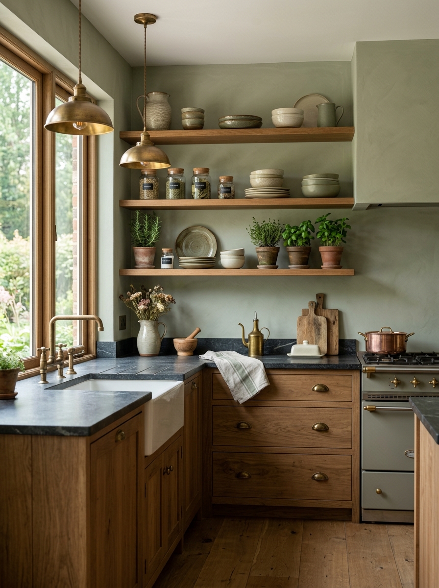 Sage Green Rustic Kitchen with Open Shelf Elegance