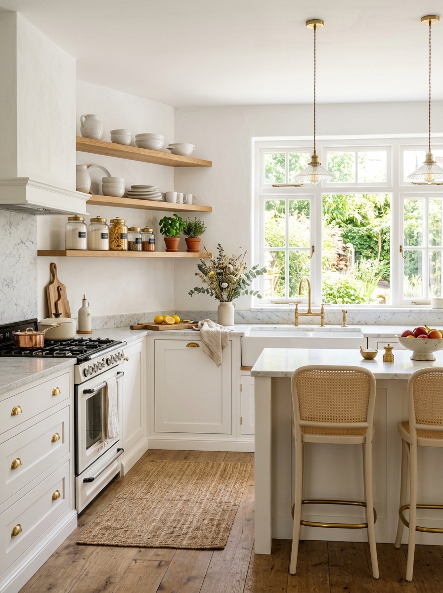 Rustic White Kitchen with Feminine Gold Details