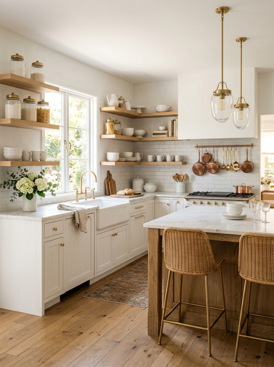 Rustic White Kitchen with Feminine Gold Details