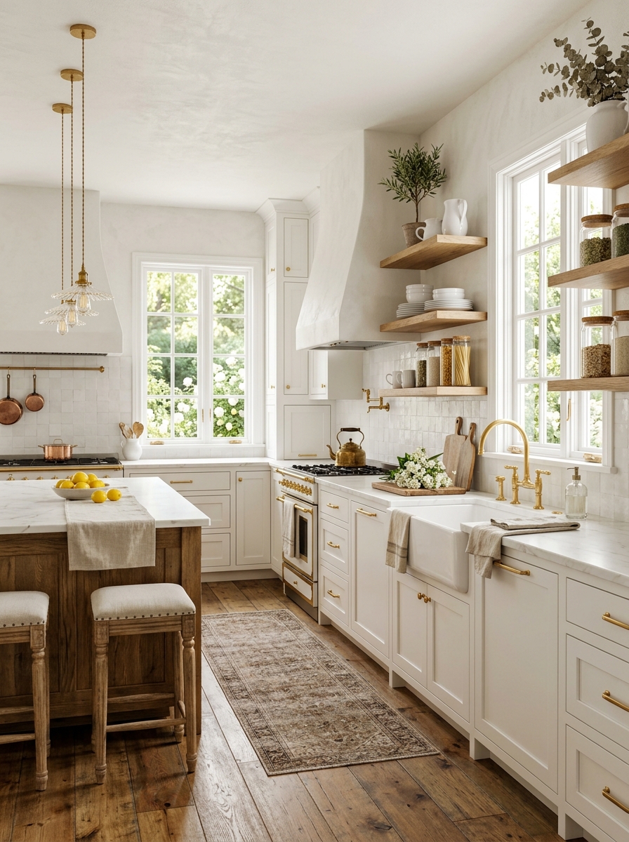 Rustic White Kitchen with Feminine Gold Details