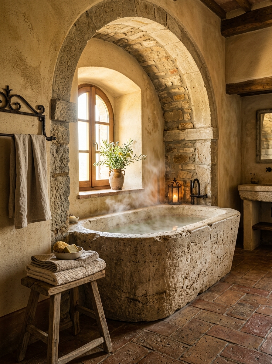 Grand Stone Tub in Arched Tuscan Alcove