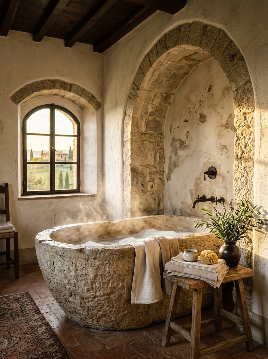 Grand Stone Tub in Arched Tuscan Alcove