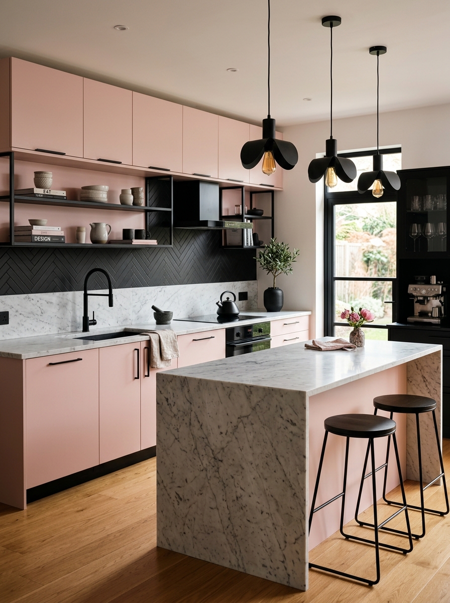Pink Kitchen with Black Accents
