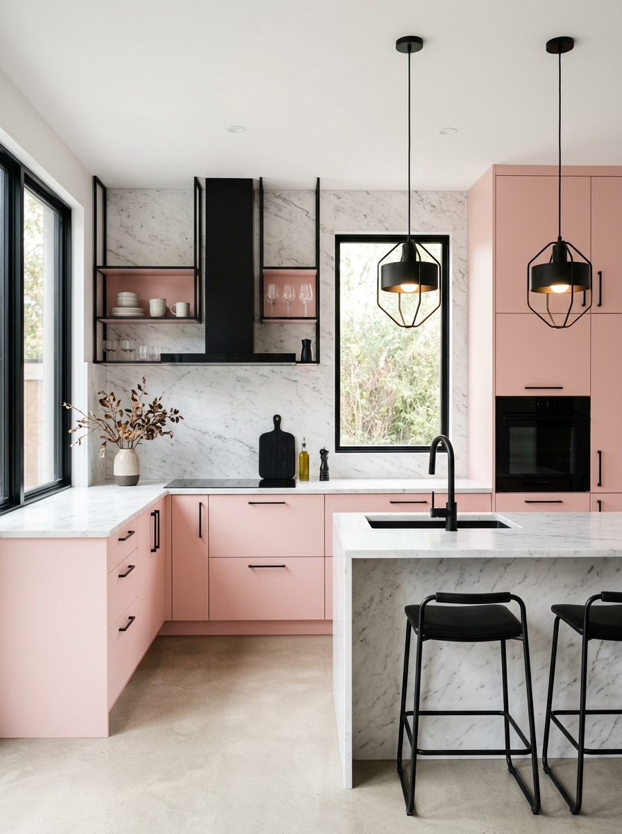 Pink Kitchen with Black Accents