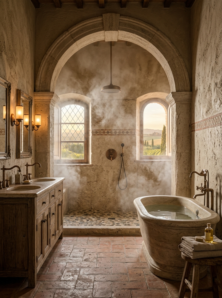 Arched Stone Shower with Mosaic Accents