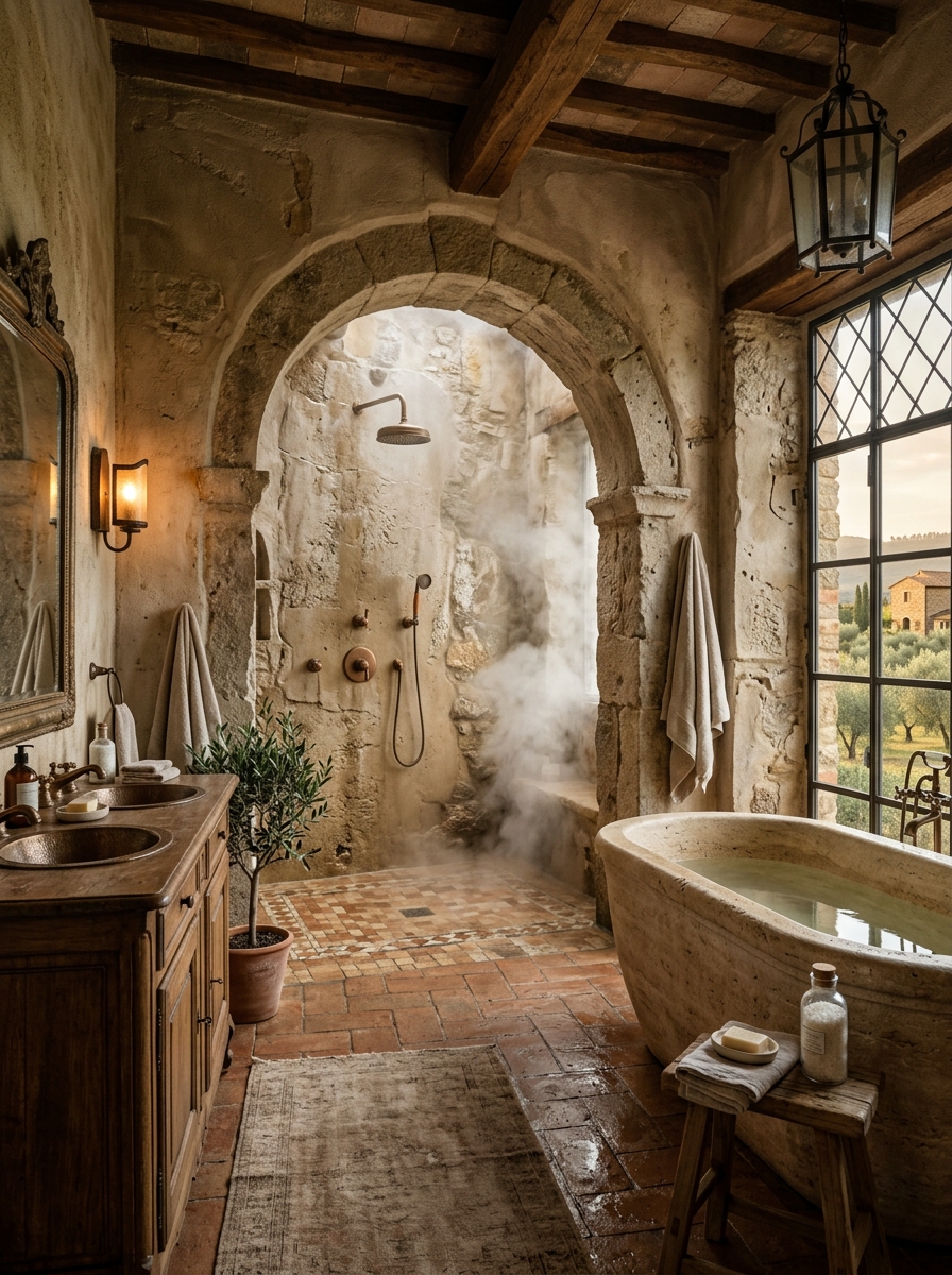 Arched Stone Shower with Mosaic Accents