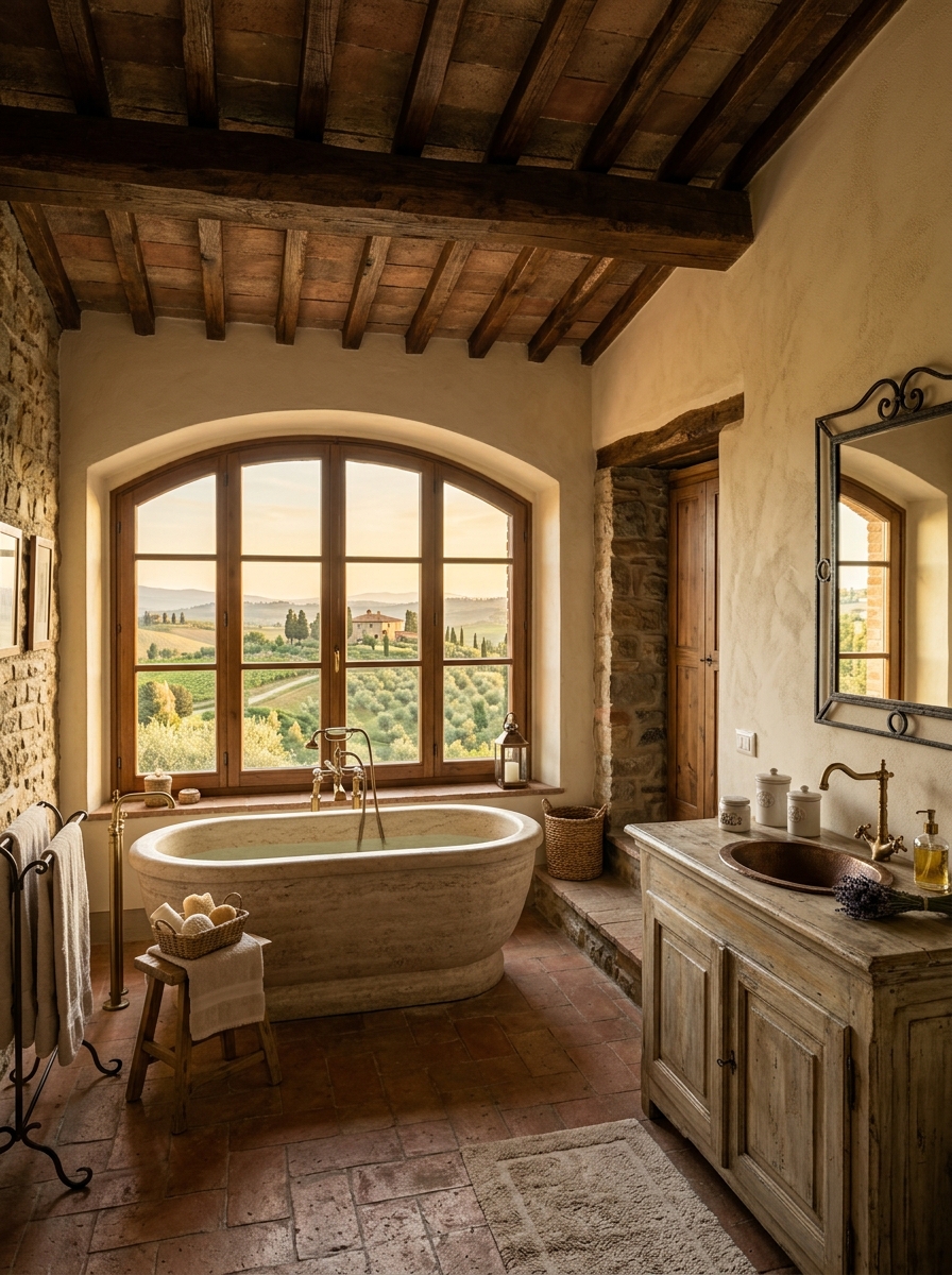 Rustic Tuscan Bathroom with Exposed Wooden Beams