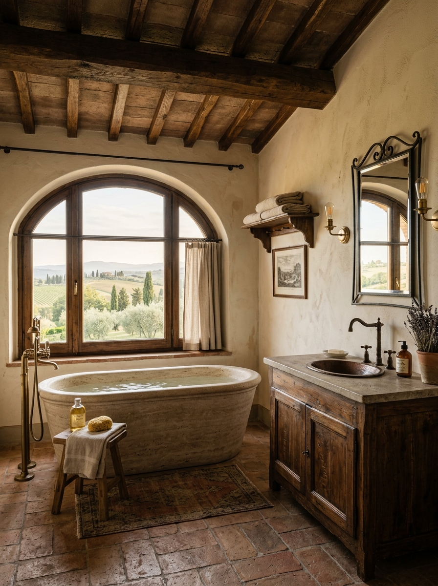 Rustic Tuscan Bathroom with Exposed Wooden Beams