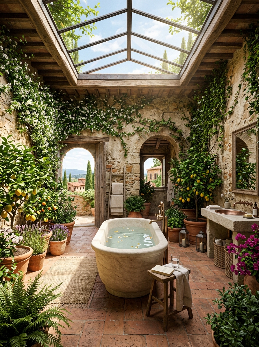 Tuscan Courtyard Bathroom with Skylight