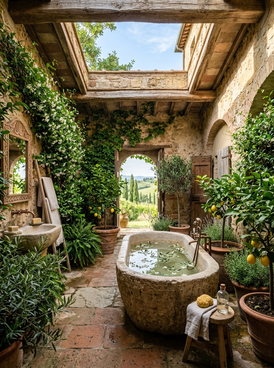 Tuscan Courtyard Bathroom with Skylight