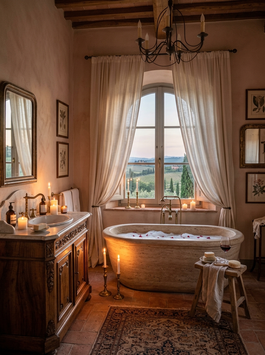 Romantic Tuscan Bathroom with Drapery