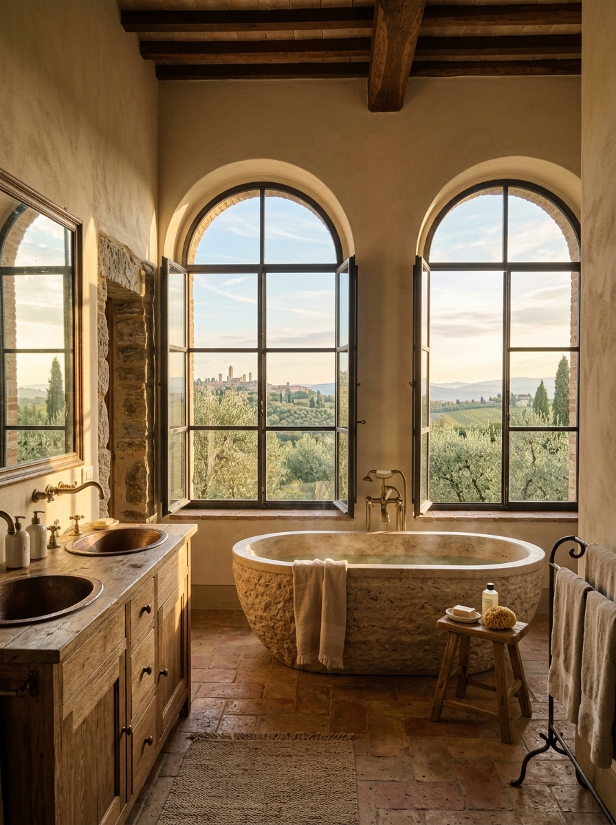 Sun-Drenched Tuscan Bathroom with Arched Windows