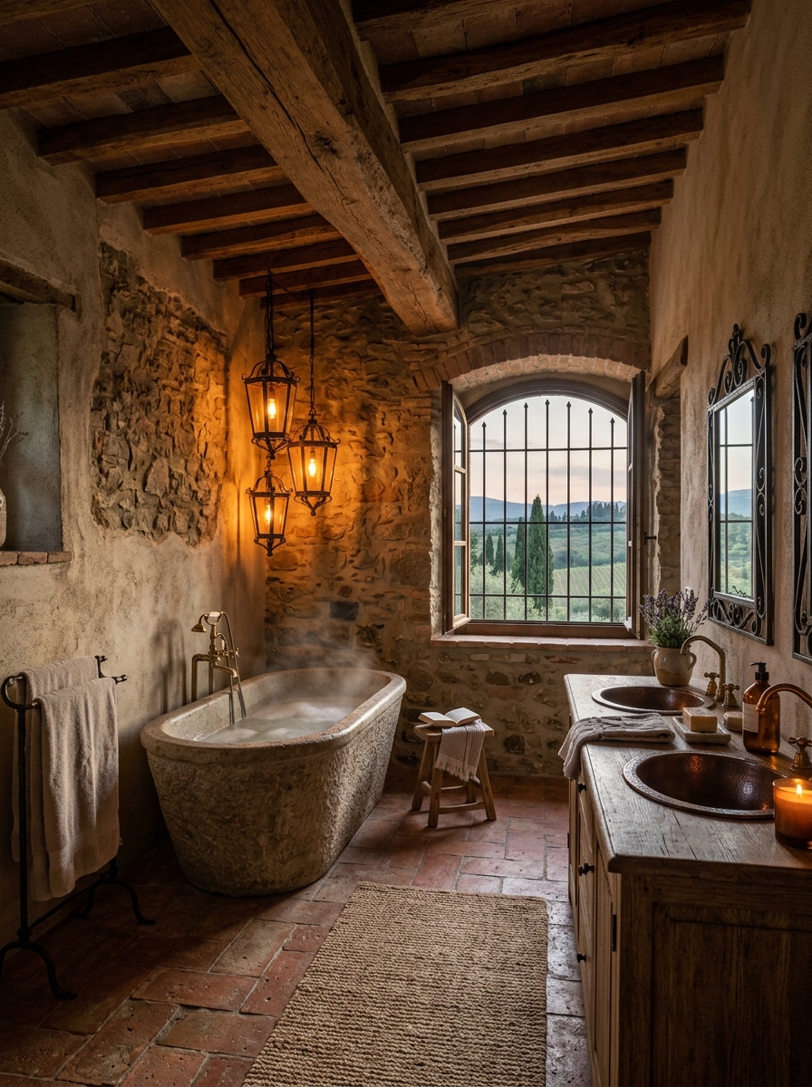 Wooden Ceiling Tuscan Bathroom with Lanterns