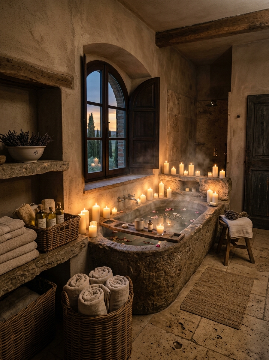 Candlelit Tuscan Spa Bathroom