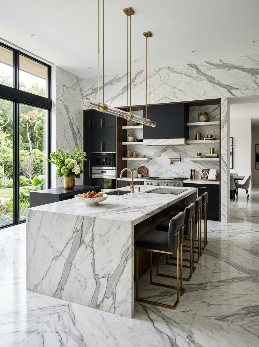 Black and White Kitchen with Marble Everything