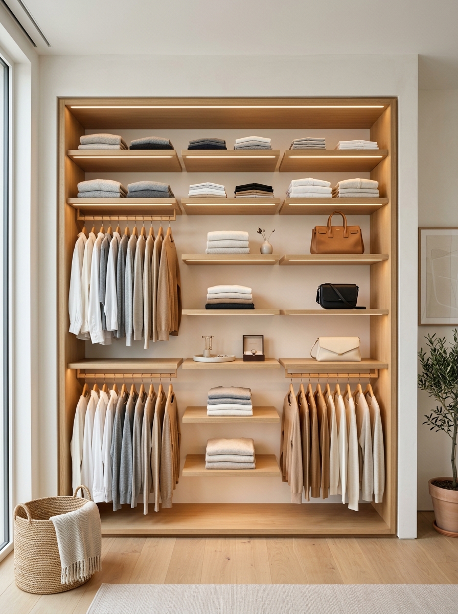 Built-In Open Closet with Floating Shelves