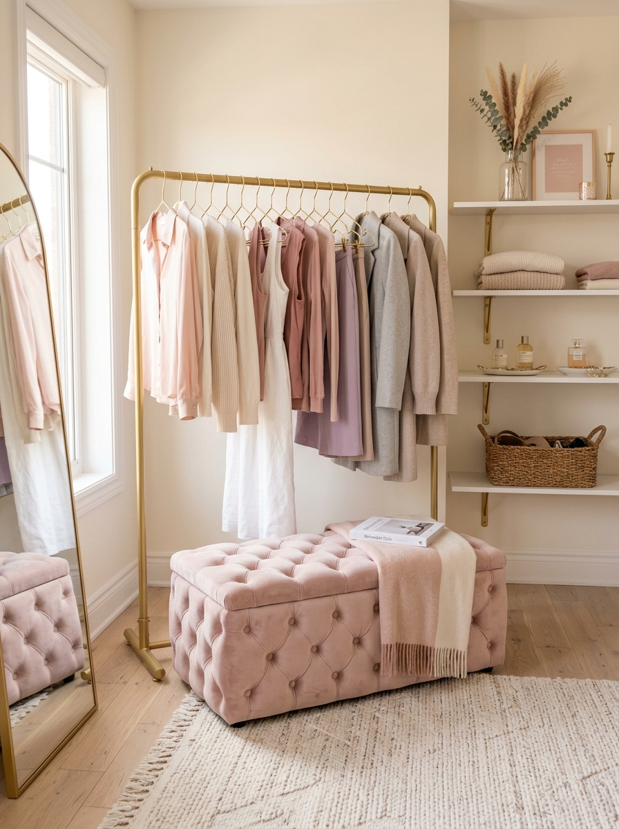 Open Closet with Soft Pink and Feminine Accents