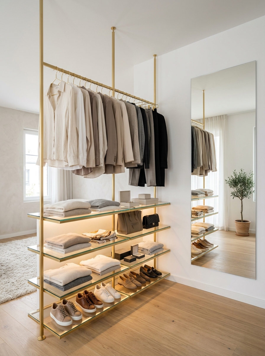 Glass Shelf Open Closet with Soft Glow Lighting