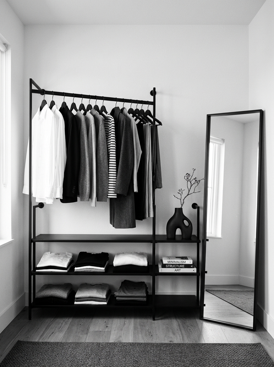 Sleek Monochrome Open Closet with Black Accents
