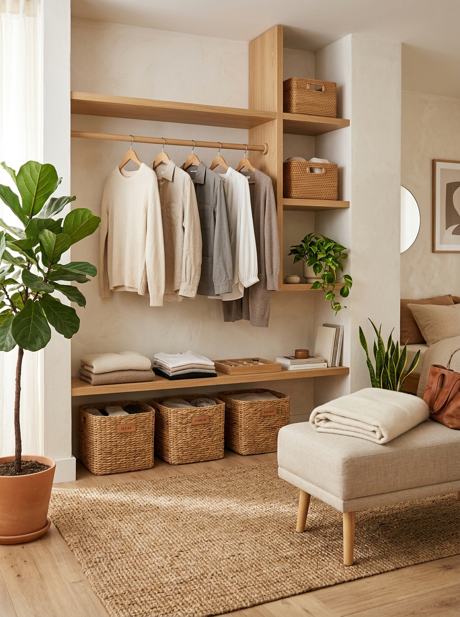 Open Closet with Woven Baskets and Natural Textures
