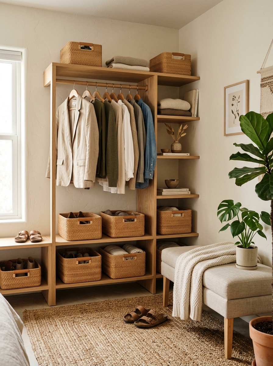 Open Closet with Woven Baskets and Natural Textures