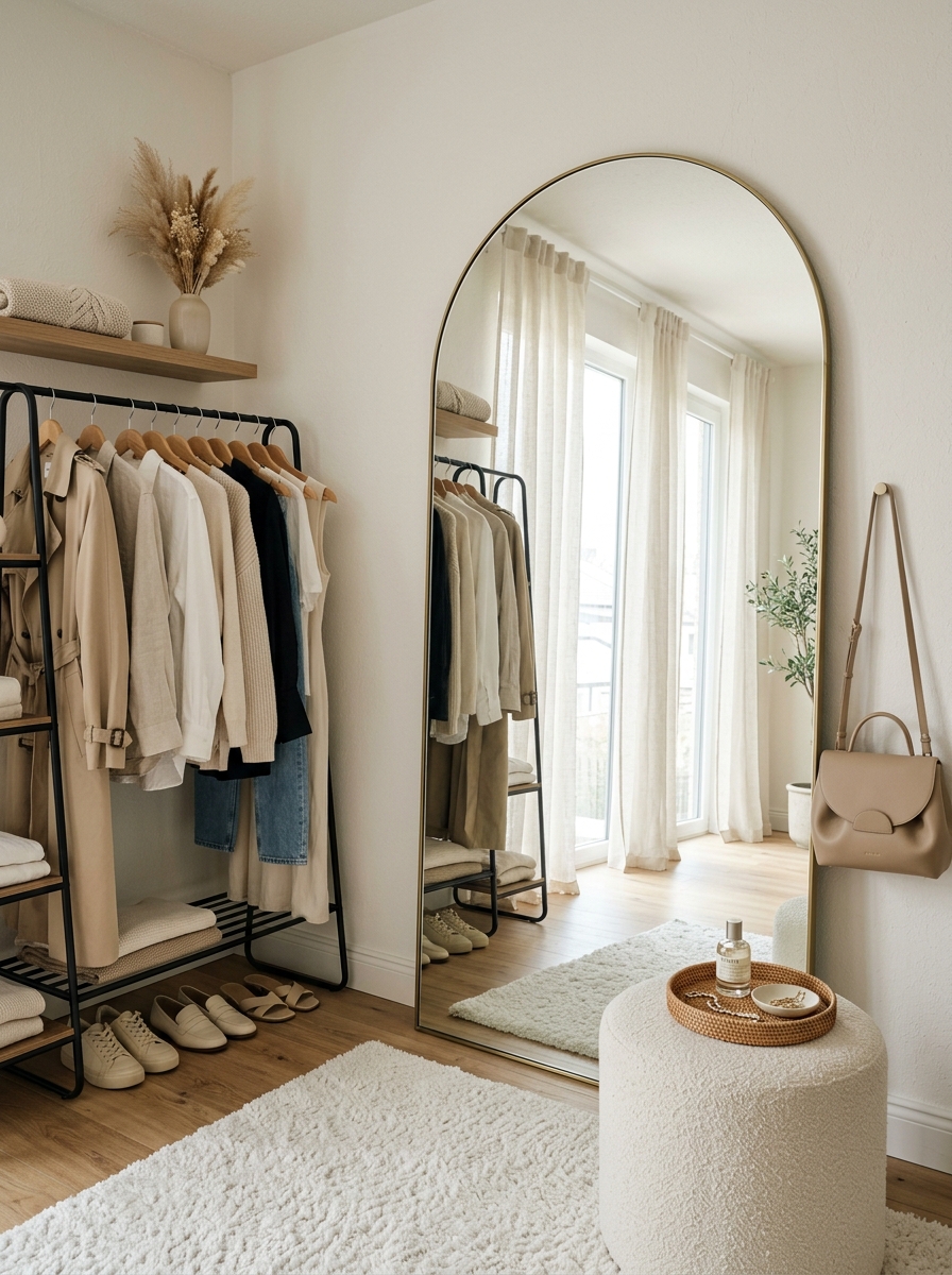 Open Closet with Full-Length Mirror Feature Wall
