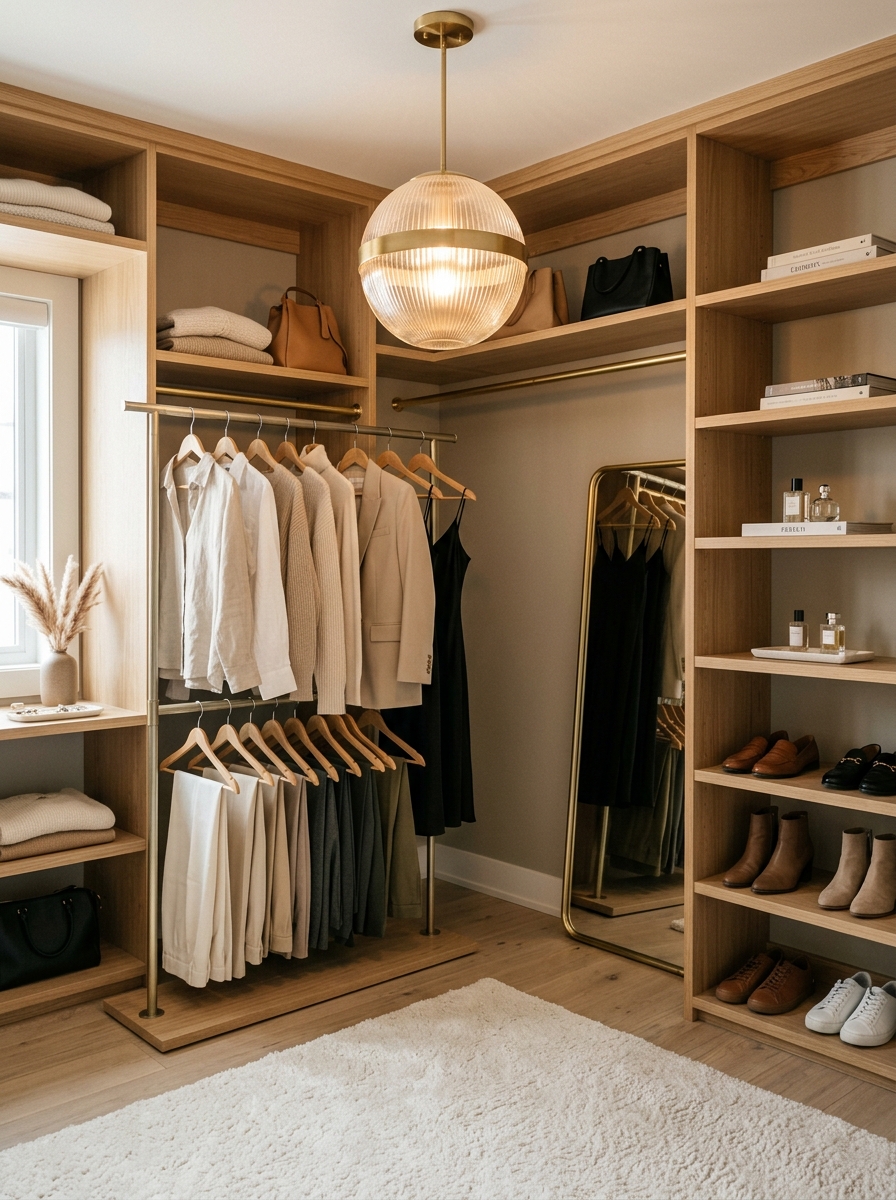 Open Closet with Statement Lighting Fixture