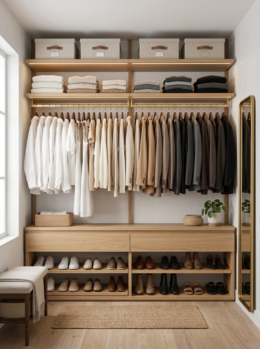 Open Closet with Coordinated Hangers and Color-Coded Wardrobe