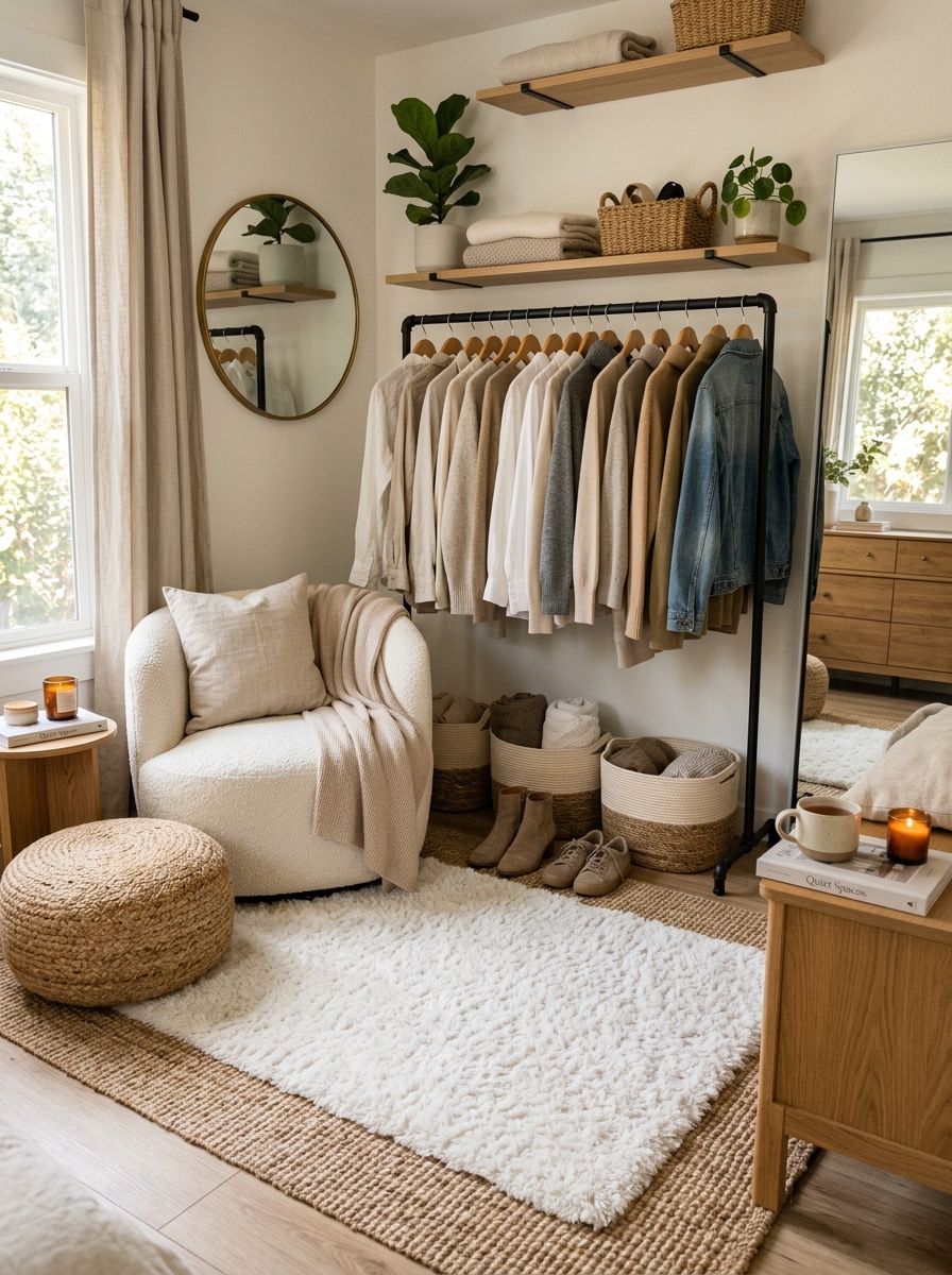 Open Closet with Layered Rugs and Cozy Elements
