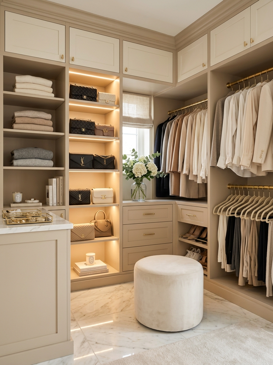 Soft-Neutral Luxury Closet with Gold Accents