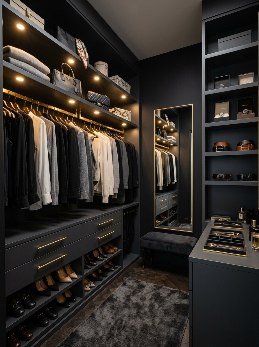 Dark and Moody Closet with Luxe Finishes