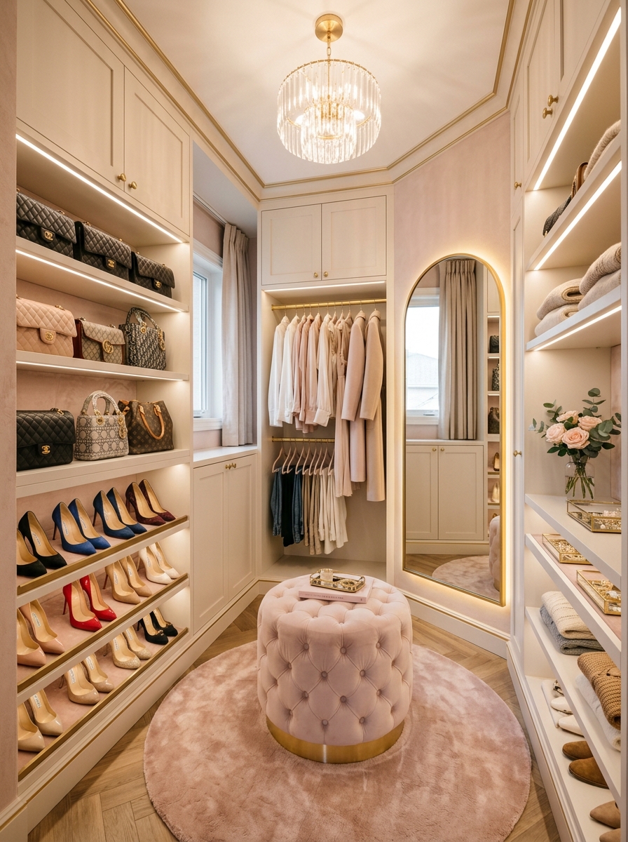 Chic Feminine Closet with Blush and Gold Details