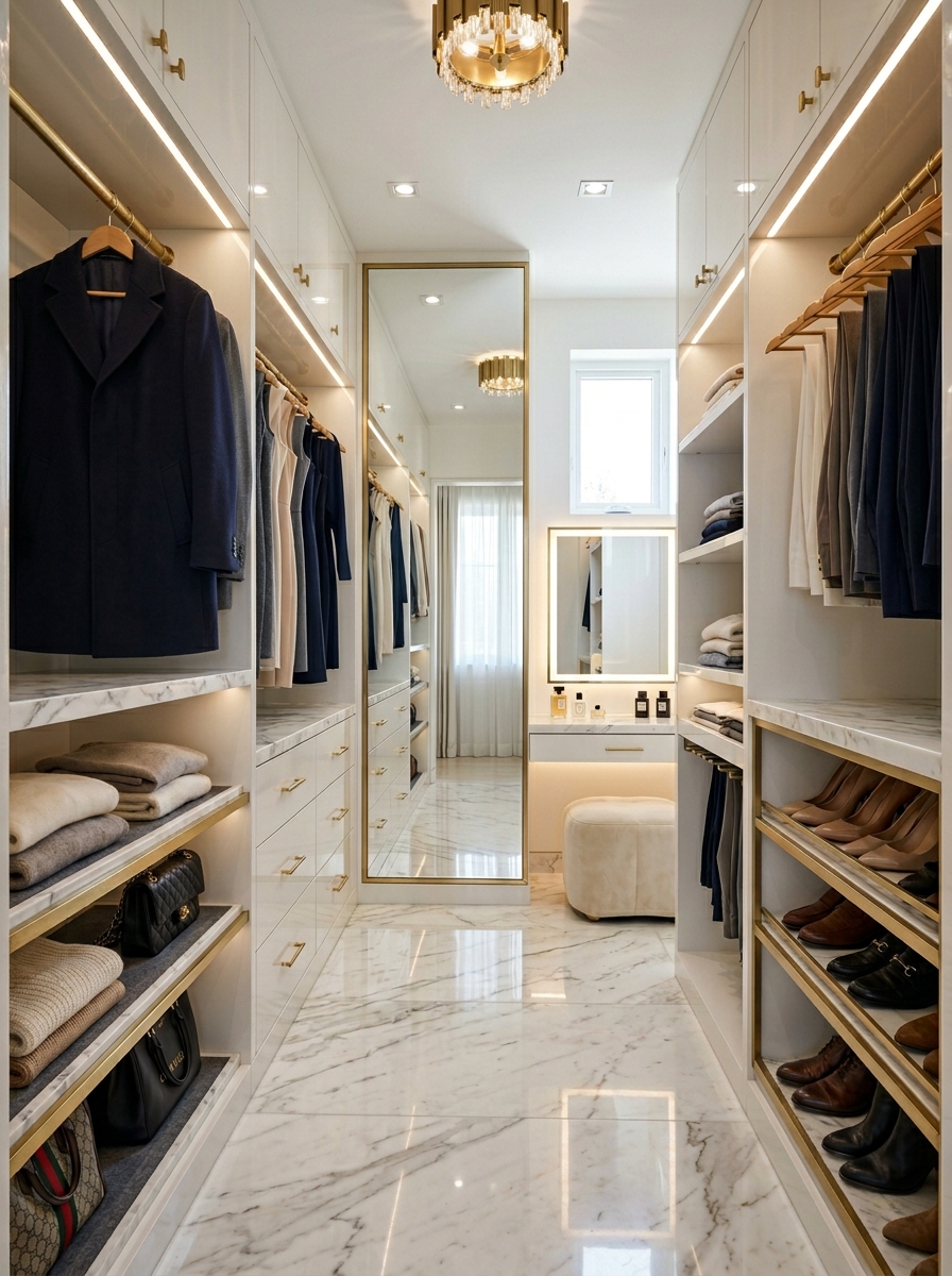 Luxe Closet with Marble and Glossy Finishes