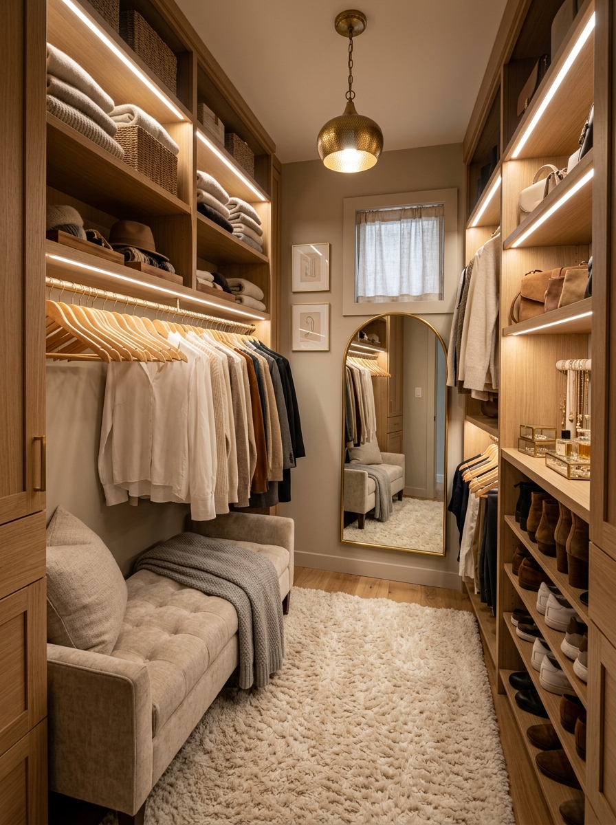 Cozy Closet with Soft Textures and Warm Lighting