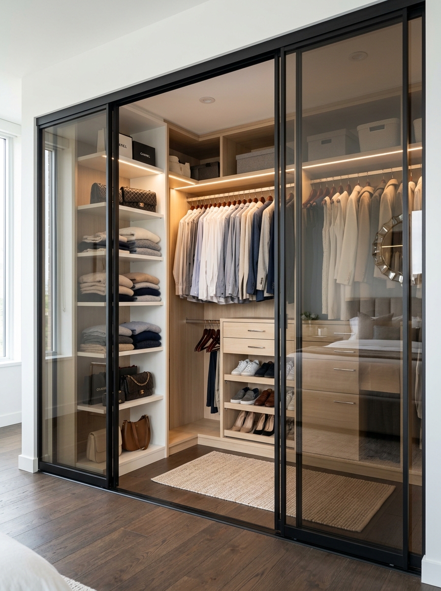 Compact Closet with Sliding Glass Doors