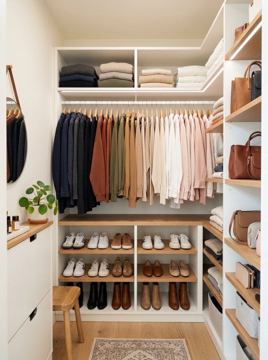 Open Closet with Color-Coordinated Wardrobe