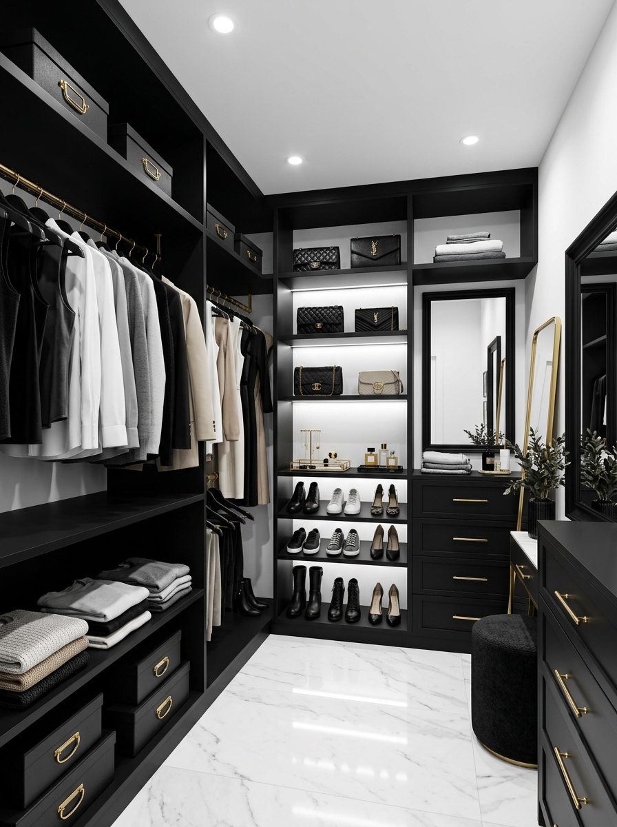 High-Contrast Closet with Black and White Palette