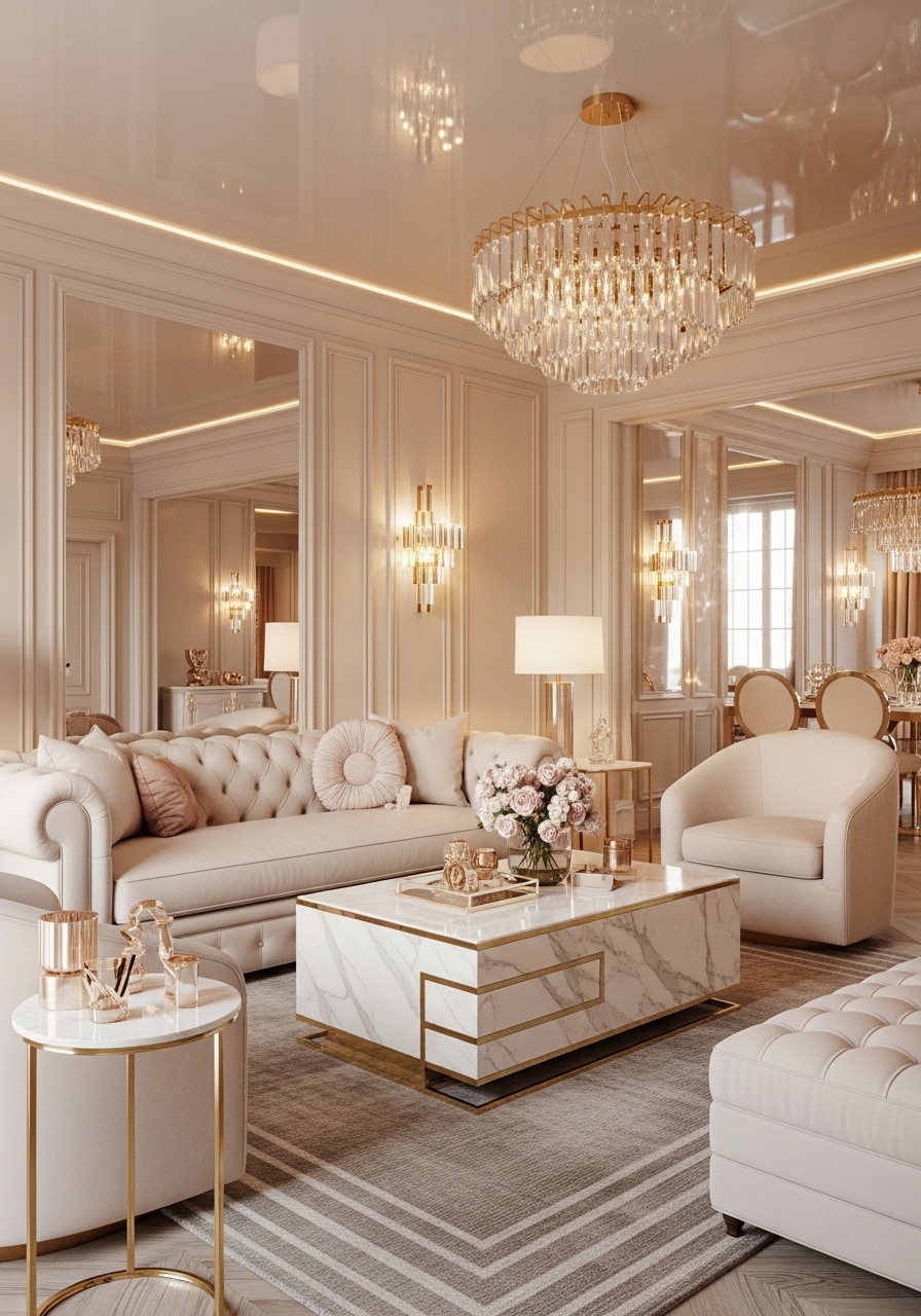Gold Accented Soft Glam Feminine Living Room