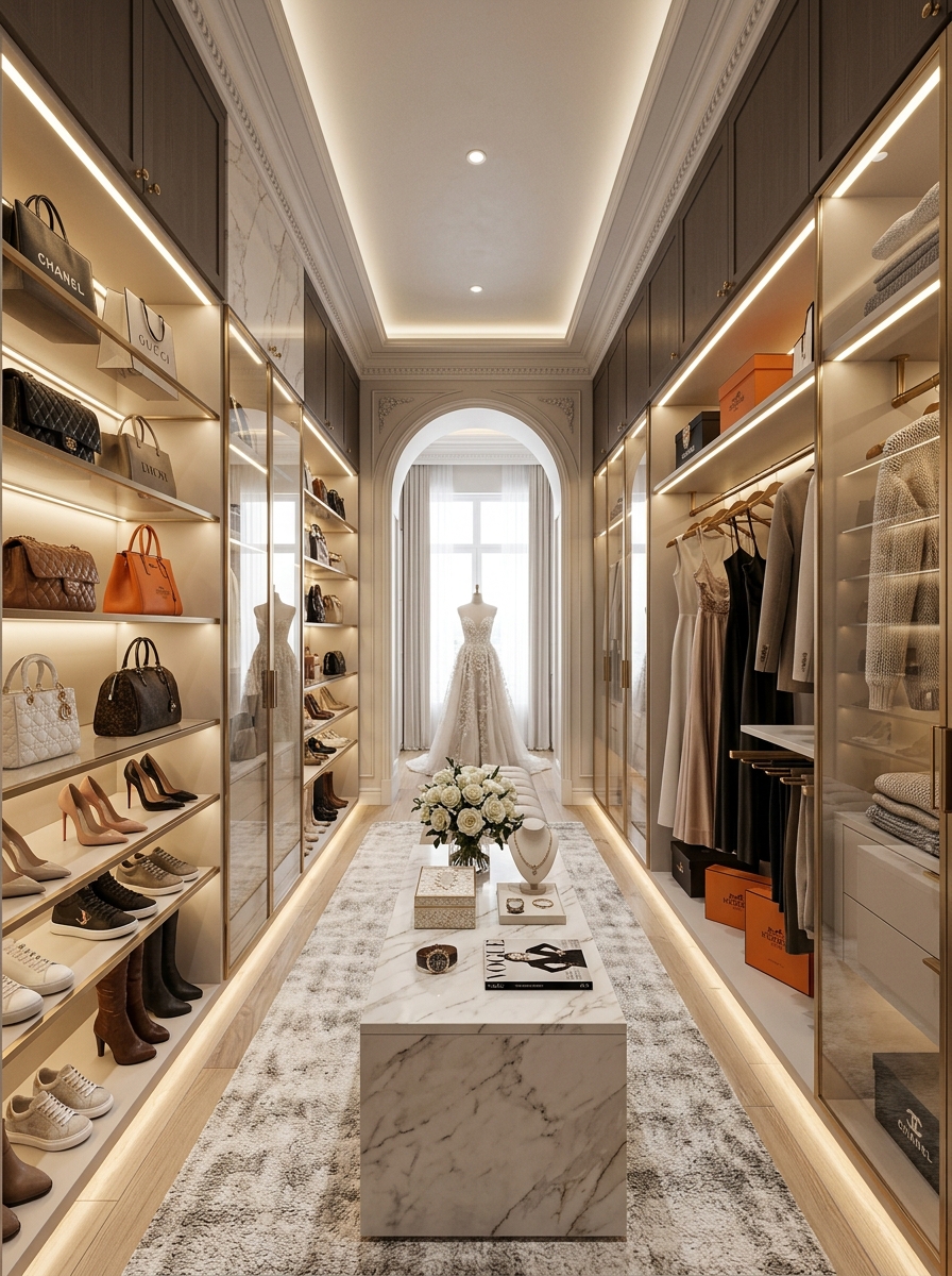 Luxe Boutique-Style Walk-In Closet with Ambient Lighting