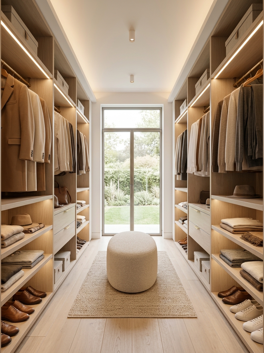 Soft Neutral Walk-In With Symmetrical Shelving