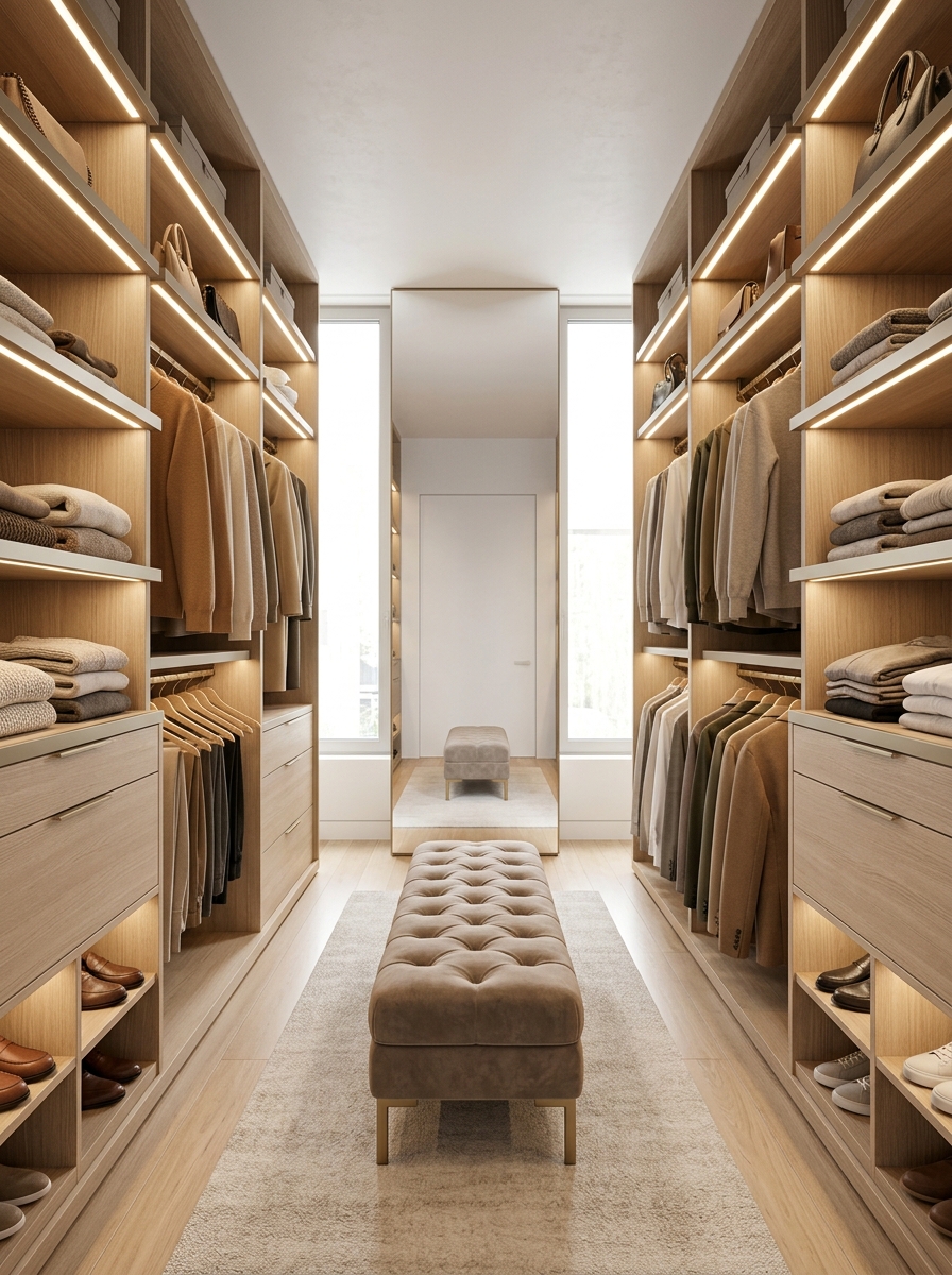 Soft Neutral Walk-In With Symmetrical Shelving