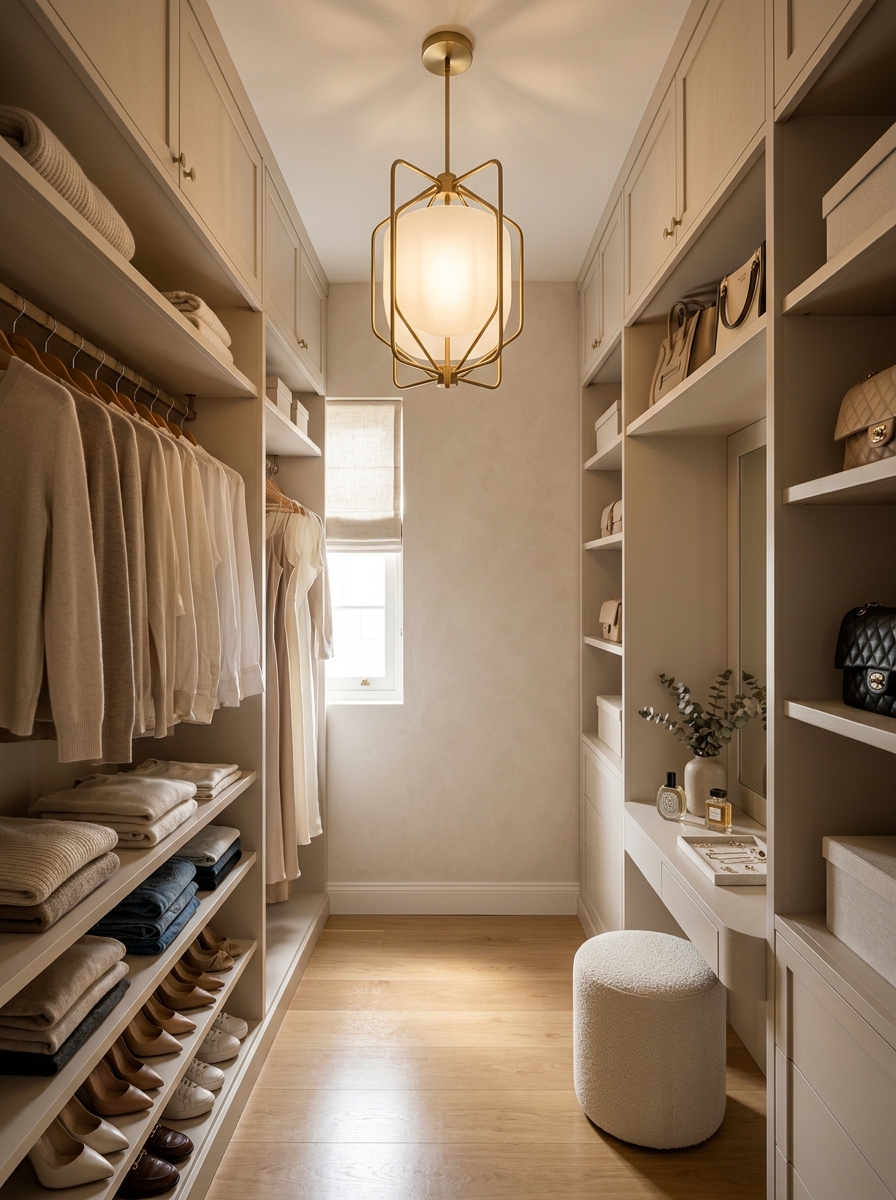 Compact Luxury Closet with Statement Lighting