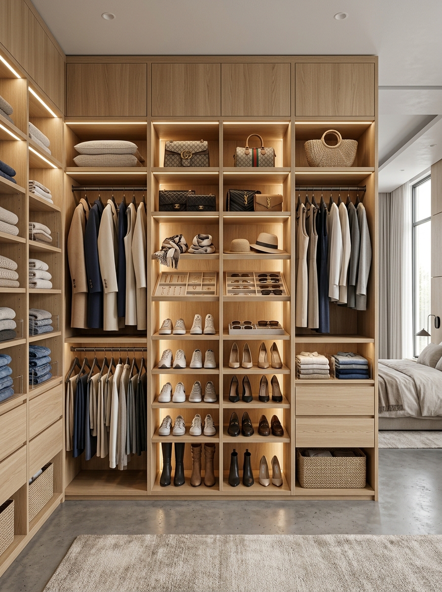 Open Wardrobe with Built-In Shelving Wall