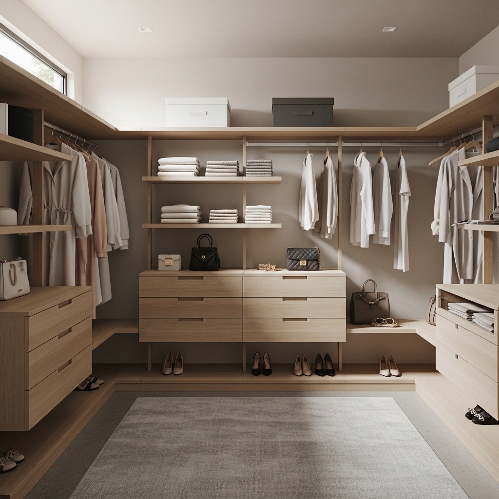 Scandinavian Warm Wood Walk-In Closet